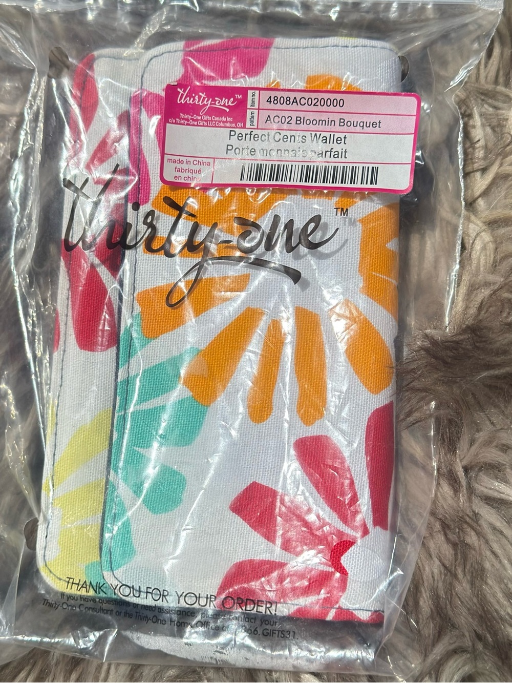 thirty-one White Floral Canvas Wallet with Pink, Orange, Yellow & Teal Accents